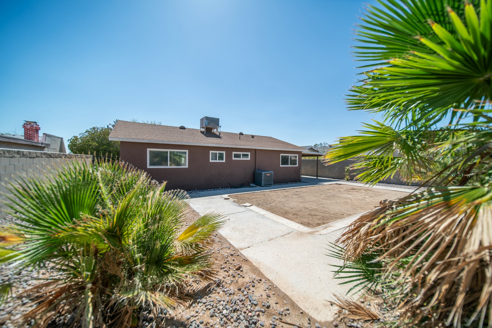 Texas brick home with mature palm and a freshly cut front lawn.